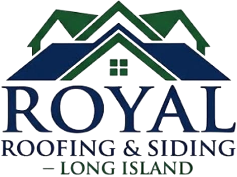 Logo for Royal Roofing & Siding – Long Island featuring stylized green and blue rooftops above the business name in bold blue letters, with a small window in the center roof.