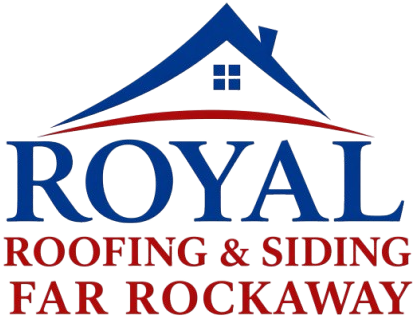Logo for Royal Roofing & Siding Far Rockaway featuring a blue house roof with a window above the business name in large blue and red text on a white background.