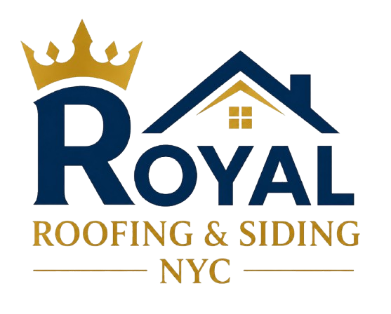 Logo for Royal Roofing & Siding NYC. The design features a golden crown on the letter R and a blue house roof with windows above the word Royal; gold text below reads Roofing & Siding NYC.