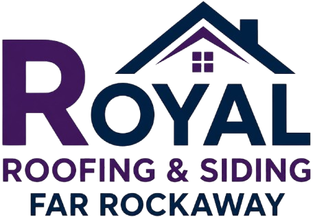 Logo for Royal Roofing & Siding Far Rockaway featuring a stylized roof and house above the text, with Royal in large letters and Roofing & Siding Far Rockaway in smaller text below.