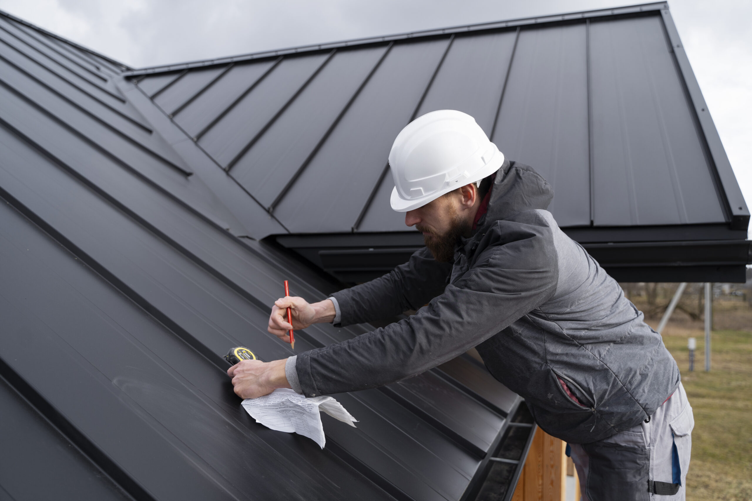 Roofing contractor performing storm damage restoration on a residential roof.