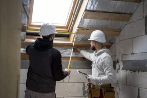 Roofing crew with safety gear performing a roof inspection in Queens.