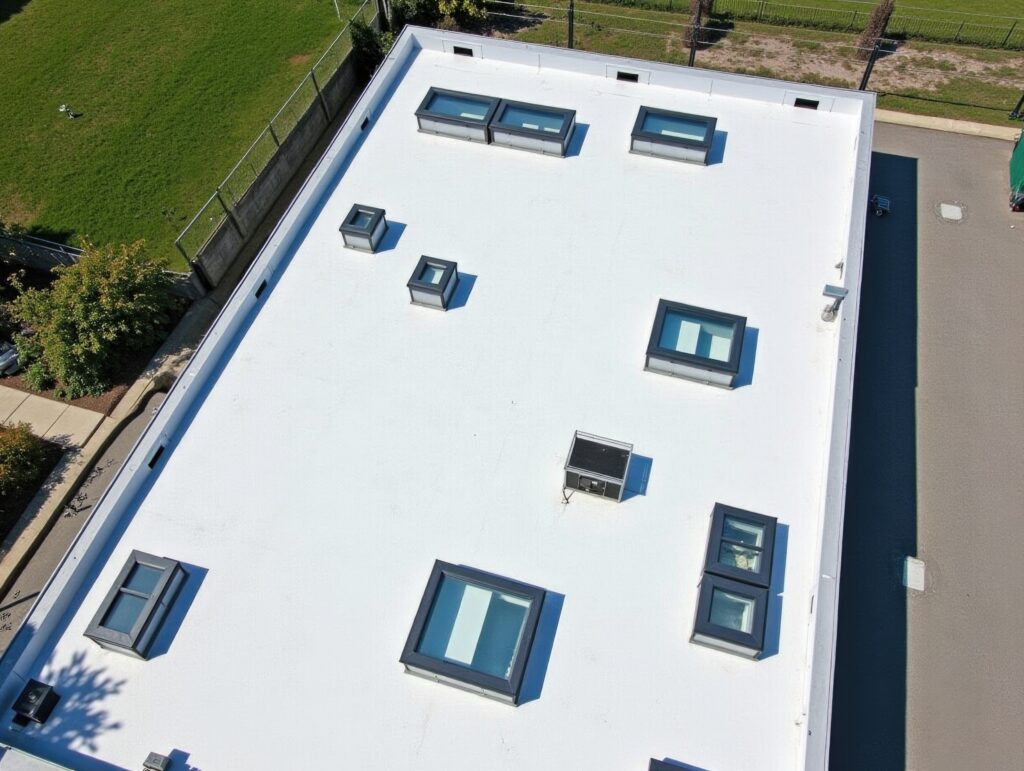 Aerial view of a modern flat roof with skylights and energy-efficient design.