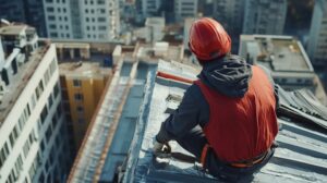 Roofing expert performing precision roof repair on a commercial building.
