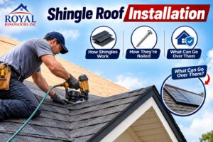 Shingle roof installation showing shingles being nailed into place